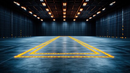 Poster - Spacious room featuring a bright yellow line on the floor with elegant design elements and ample natural light