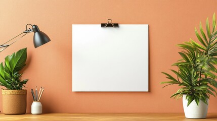 Poster - In a cozy workspace, a blank sheet of paper is clipped to the wall, surrounded by vibrant plants and organized tools. Soft light enhances the inviting atmosphere for creativity