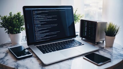 Poster - Laptop and smartphone placed on a table creating a minimalistic setup for efficient work and communication