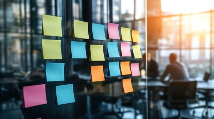 Poster - Wall covered with sticky notes in various colors creating an organized and creative space for ideas and reminders