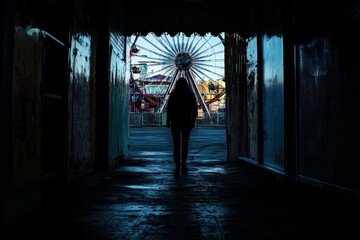 Wall Mural - a person walks through a dark tunnel with a ferris wheel in the background