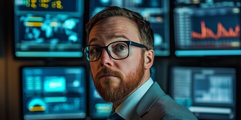 Poster - A man with glasses and a beard is staring at a computer screen