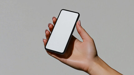 Poster - Smartphone in hand mockup showcasing blank screen held by fair-skinned hand with manicured nails against neutral background. Woman holding smartphone with empty display