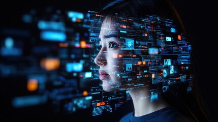 Poster - Woman's face with a background of digital interface elements creating a fusion of human expression and technological innovation