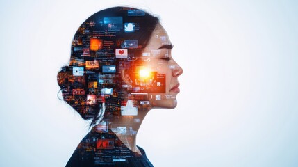 Poster - Woman's face with a prominent digital interface overlay representing the integration of human experience and technology