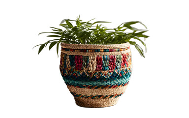 Poster - A woven plant pot cover with a bohemian design, isolated on a empty plain background