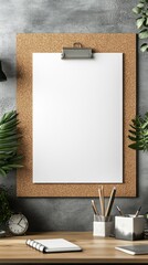 Poster - A blank sheet of paper is clipped to a cork board, framed by vibrant green foliage. The serene workspace features neatly arranged stationery and a clock, promoting productivity