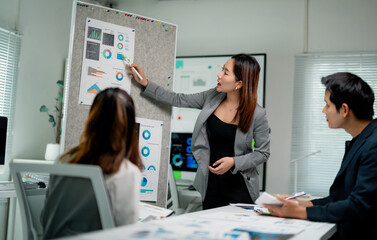 Poster - Businesswoman using whiteboard presenting company strategy during corporate meeting with colleagues in modern office
