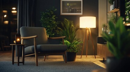 Poster - Stylish chair accompanied by a contemporary lamp creating a chic and cozy reading nook in a modern living space