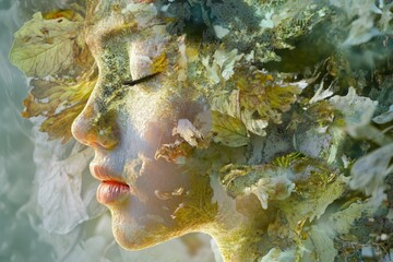 Poster - Woman's Profile Merged with Leaves and Natural Elements