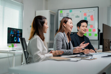 Poster - Business team discussing marketing strategy during video conference in modern office
