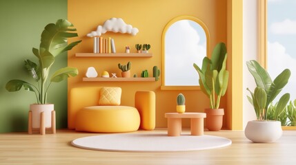 Poster - Cozy room featuring a bright yellow chair and a lush green plant creating a refreshing and inviting atmosphere