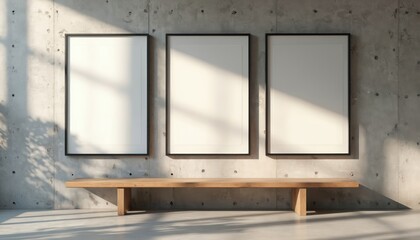 Aufkleber - Three blank posters with black frames hang on concrete wall in art gallery with wooden bench. Natural light coming through window. Minimalist design for advertising, canvas mockup presentation.