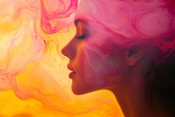Poster - Ethereal Portrait with Colorful Swirls of Pink and Yellow Background