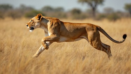 side view of graceful wild lioness running on dry grassy meadow in savanna on sunny day. wild animal