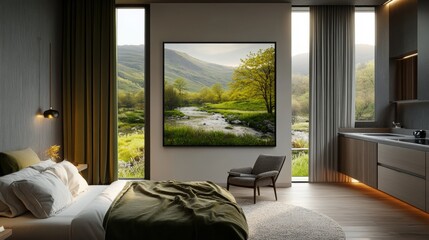 Poster - Serene bedroom decorated in soft colors with a cozy atmosphere featuring a bed and tasteful furnishings