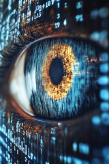 Poster - Close-Up of Human Eye with Digital Data and Matrix Background Effect