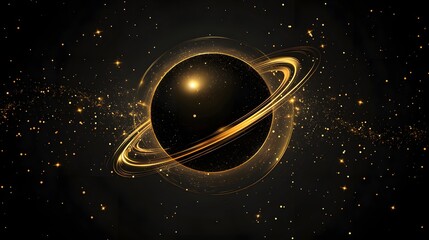 Wall Mural - Golden Planet with Glowing Rings in Dark Space