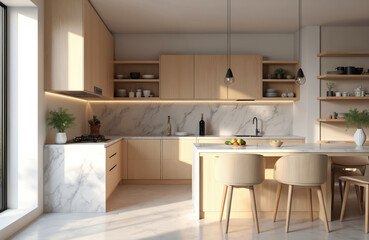Aufkleber - Modern bright kitchen interior with corner design in Scandinavian style. Wood, marble textures, dining table, bar stools. Empty interior with daylight. Generative AI render for cozy eating lifestyle