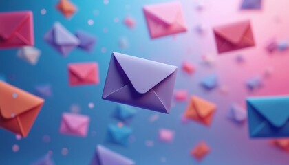 Poster - vibrant 3d rendering of floating envelopes on blue, purple, pink gradient background. concept of dig