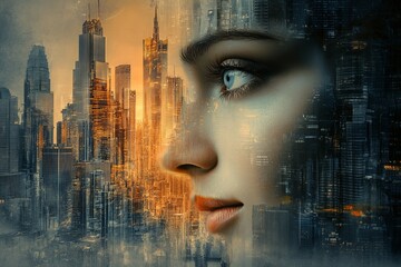 Poster - Woman's Face Merges with Cityscape in Surreal Urban Environment