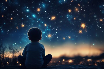 Wall Mural - A young boy is sitting on a rock and looking up at the stars