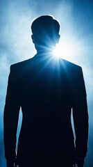 Poster - A man in a suit is standing in front of a blue background