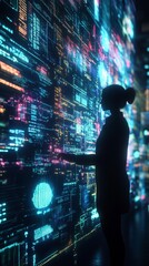Poster - silhouette of person interacting with futuristic digital interface