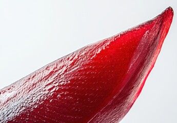 Poster - Glossy Red Petal Close-Up Against Soft Light Background Showcasing Texture, Depth, and Vibrant Shades for Floral and Nature Concepts