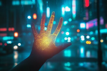 Poster - Futuristic Neon Hand in Cyber City: Exploring the Intersection of Technology and Urban Life
