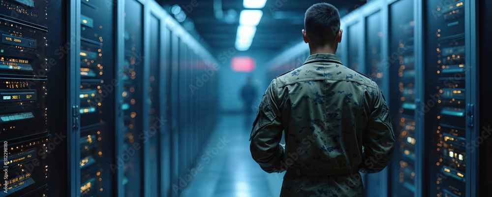 Backview of soldier in camouflage uniform stands in dark server room ...