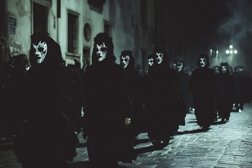 Canvas Print - a group of people wearing masks and walking down a street at night