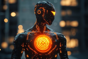 Poster - Futuristic Robot with Glowing Core in Urban Evening Setting