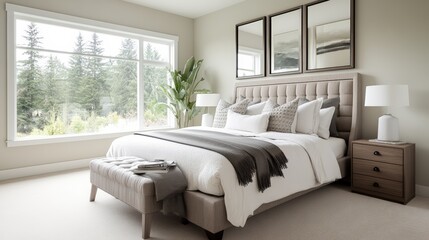 Poster - Inviting bedroom featuring a soft bed with decorative pillows and a large window allowing natural light to shine through