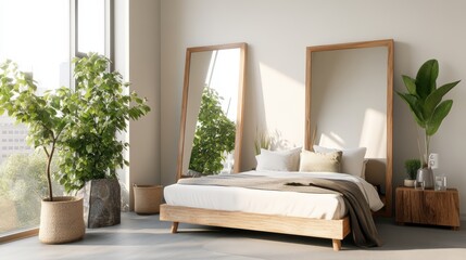 Poster - Stylish bedroom showcasing a comfortable bed surrounded by green plants enhancing the relaxing atmosphere and decor