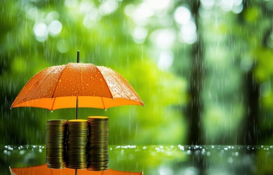 an orange umbrella over a stack of coins on a green background with rain droplets, conveying the concept of financial protection