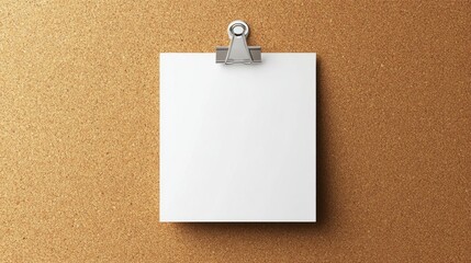 Poster - A pristine sheet of white paper is secured by a shiny silver clip against a warm cork board. This minimalist setup invites inspiration and creativity for new ideas and projects