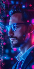 Poster - A man wearing glasses and a suit is looking at a computer screen
