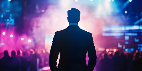 Poster - A man stands in front of a crowd of people at a concert