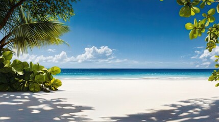 Wall Mural - a serene tropical beach with clear blue water and lush greenery under a bright sky.