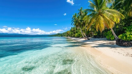 Wall Mural - a serene tropical beach with palm trees, crystal-clear water, and a bright blue sky.