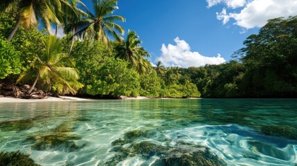 Wall Mural - a serene tropical beach with clear water and lush palm trees under a bright blue sky.
