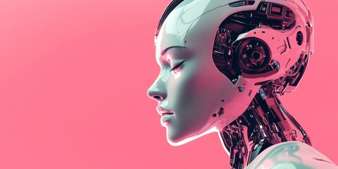 Aufkleber - futuristic robot face with metallic features against pink background