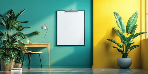 Poster - A blank sheet of paper is elegantly clipped on a wall in a lively workspace, surrounded by lush green plants and a warm yellow backdrop that encourages creativity and productivity