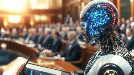 Poster - Robotic figure presenting in a legislative assembly with an audience in 4K quality