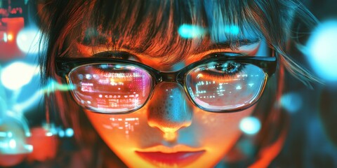 Poster - Close-up Portrait of a Focused Woman with Glasses and Digital Screen