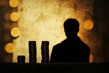 Poster - a man is standing in front of a pile of coins