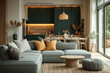 © lina - contemporary living room with teal sectional sofa and mustard yellow pillows