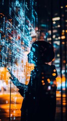 Poster - Silhouette of a Person Interacting with Digital Data Projection in a Vibrant Urban Night Scene