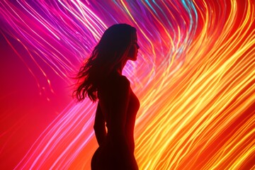 Poster - Silhouette of Woman Against Colorful Light Trails in Neon Background